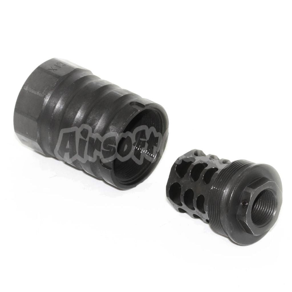 Airsoft 5KU 53mm 360 X12 Muzzle Brake Flash Hider With Blast Shield -14mm CCW Black