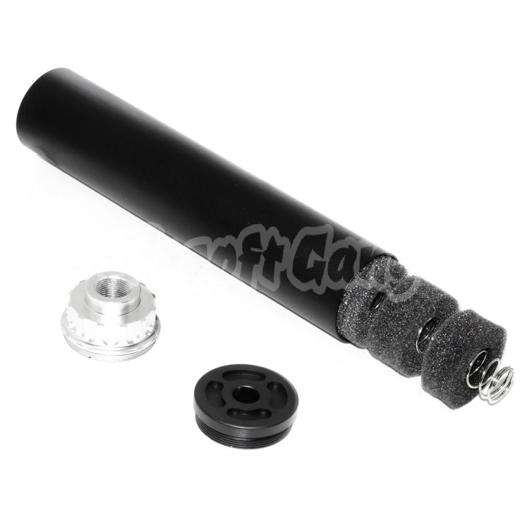 Airsoft BELL 198mm/204mm x 43mm Suppressor Silencer -14mm CCW Thread Black/Silver