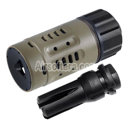 5KU Pyro Enhanced Muzzle Brake with 4-Prong Flash Hider -14mm CCW Counter-Clockwise Thread Black/Tan