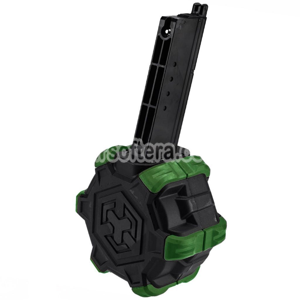 Armorer Works AW カスタム 350rd ガスアダプティブドラムマガジン WE AP APACHE MP5 シリーズ GBB ライフル用 ブラック/グリーン