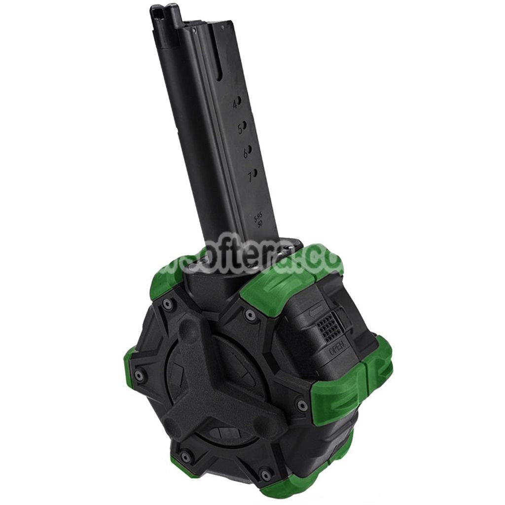 Armorer Works AW カスタム 350rd ガスアダプティブドラムマガジン WE AP APACHE MP5 シリーズ GBB ライフル用 ブラック/グリーン