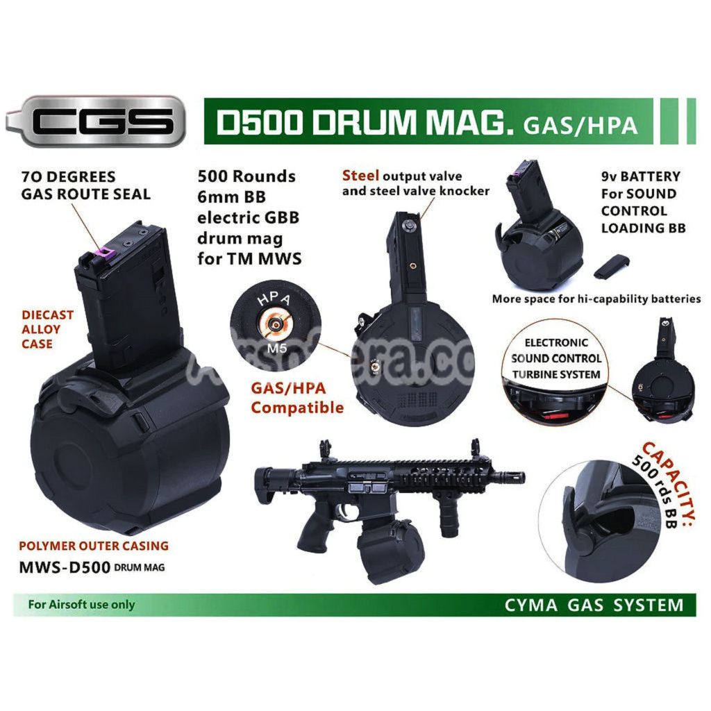 CYMA 500rd Electric Sound Control Winding Gas Drum Magazine Suitable For CYMA CGS Tokyo Marui M4 Series MWS GBB Rifles Airsoft Black - AirsoftEra