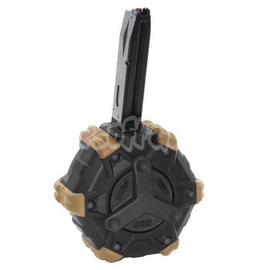 Airsoft Armorer Works AW Custom 350rd Gas Adaptive Drum Magazine for AW MB Series / KJW / WE / Tokyo Marui M9 M92 GBB Pistol Black/Tan