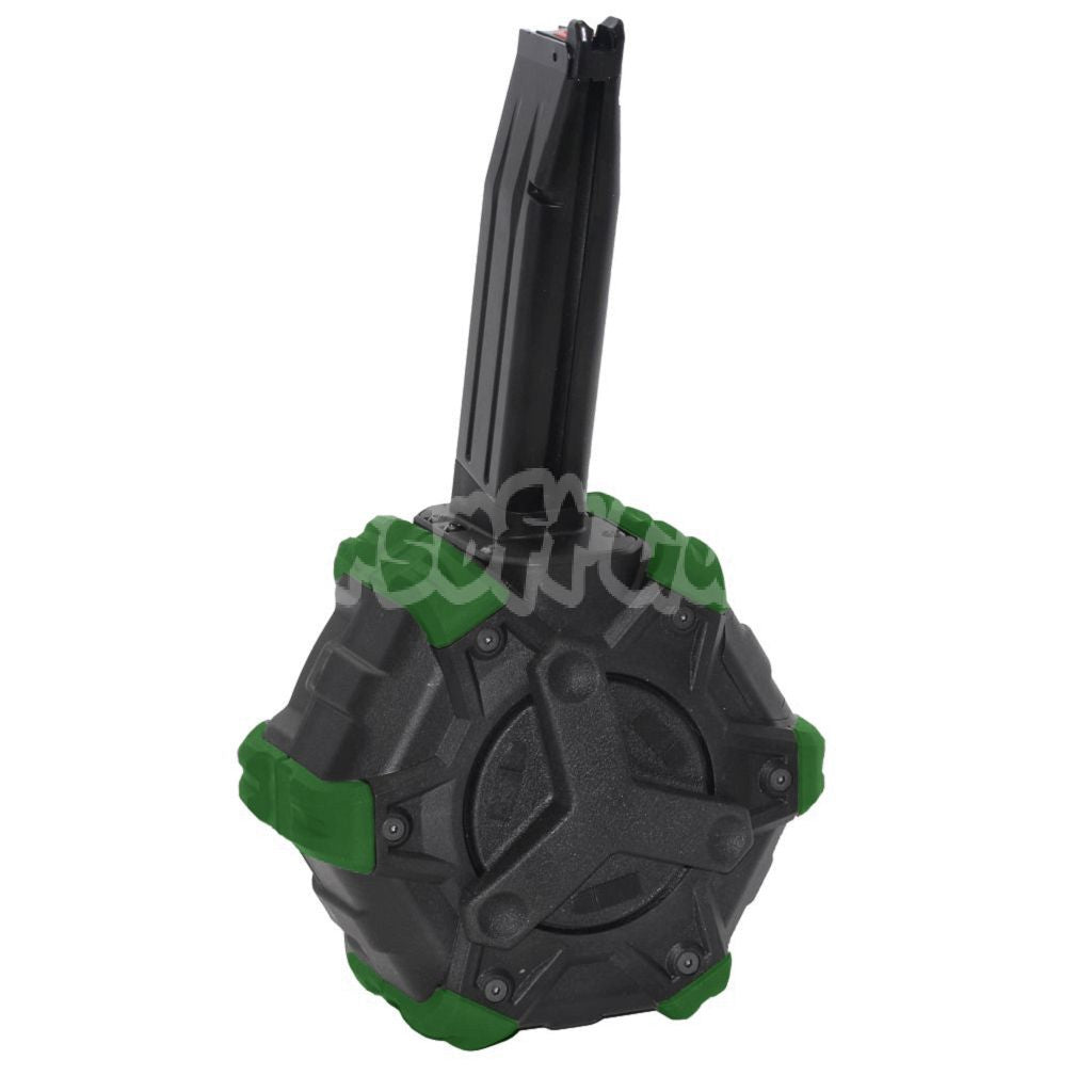 Armorer Works AW Custom 350rd Gas Adaptive Drum Magazine for ARMY R501 R601 / KJ KP-05 / Zeon / EMG / AW / WE / Tokyo Marui Hi-Capa GBB Pistol Black/Green