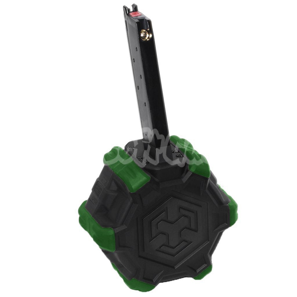 Armorer Works AW Custom 350rd Gas Adaptive Drum Magazine for EMG SAI Red / AW NE Series / WE Single Stack 1911 GBB Pistol Black/Green