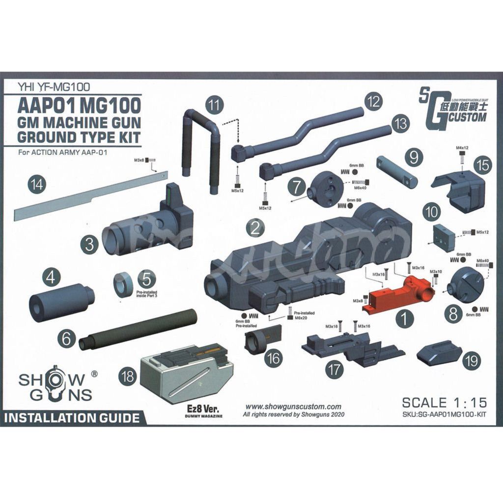 Airsoft SG ShowGuns Tactical RX-79 Gundam Ground Type MG100 Machine Gun Kit with Fire Pig Light Tracer for Action Army AAP-01 GBB Pistol