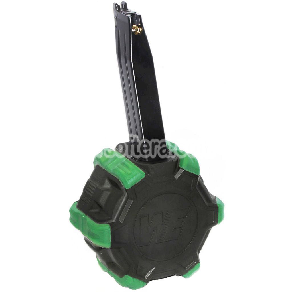 Airsoft WE 350rd Gas Drum Magazine for BELL / E&C / ARMY R501 R601 / KJ KP-05 / Zeon / EMG SAI / AW / WE / Tokyo Marui Hi-Capa GBB Pistol Black/Green